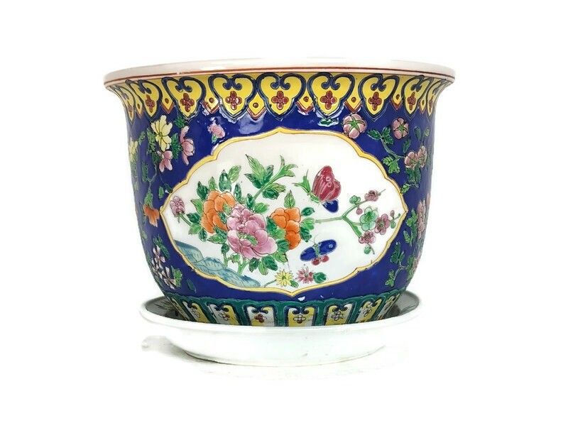 Chinese Porcelain Enamel Koi Fish Bowl Planter Vase Vintage Cachepot With Dish A