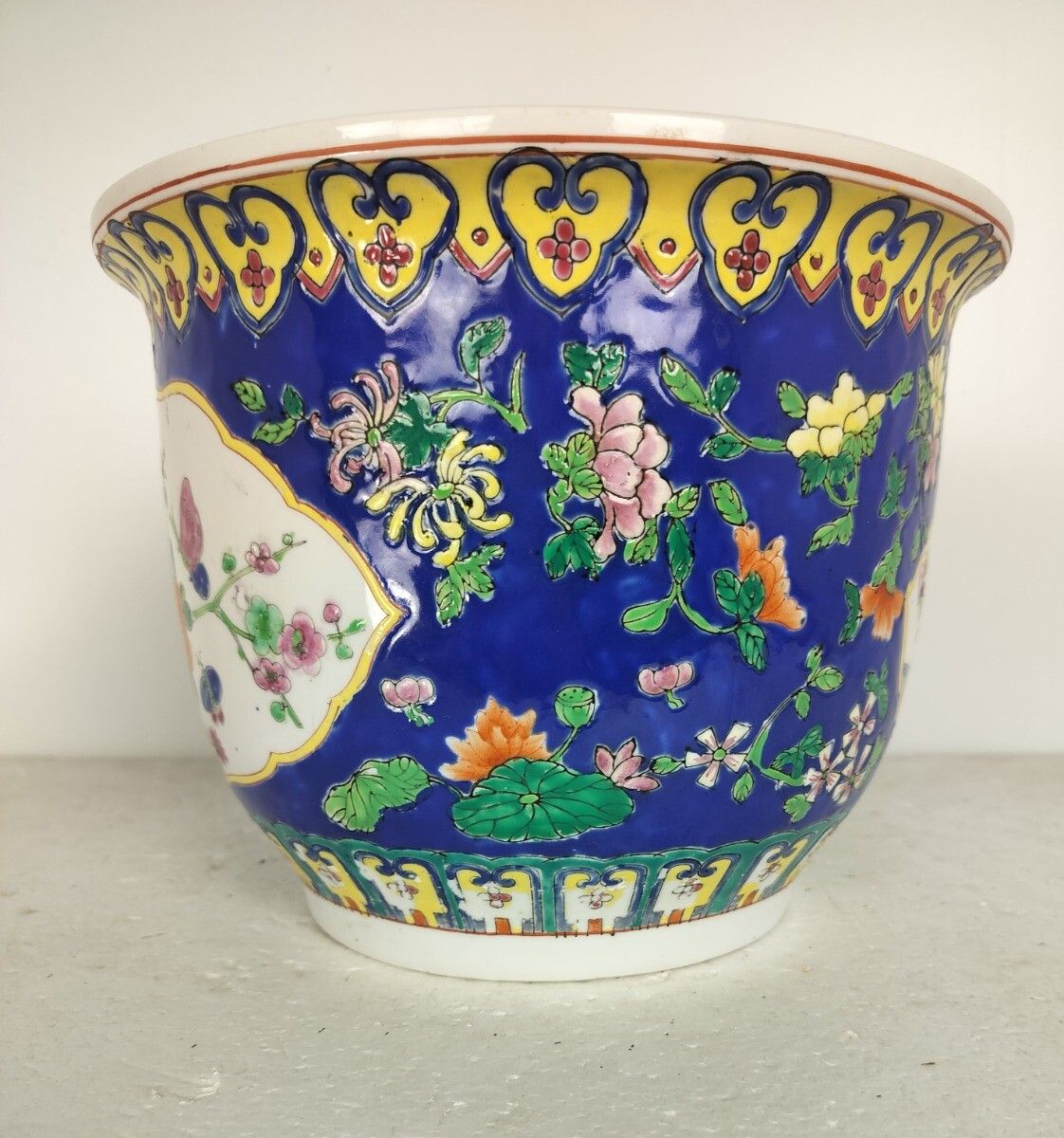 Chinese Porcelain Enamel Koi Fish Bowl Planter Vase Vintage Cachepot With Dish A photo for sale