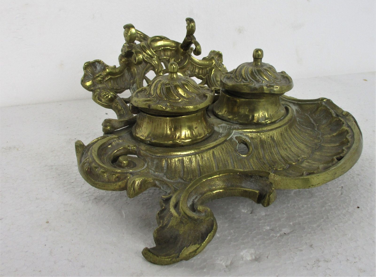 Gorgeous Antique Brass Double Inkwell Ornate Pen Holder photo for sale