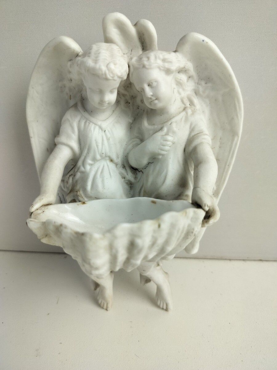 Gorgeous Holy Water Font Wall Hanging Vessel Porcelain Bisque  Angels Marked L & photo for sale