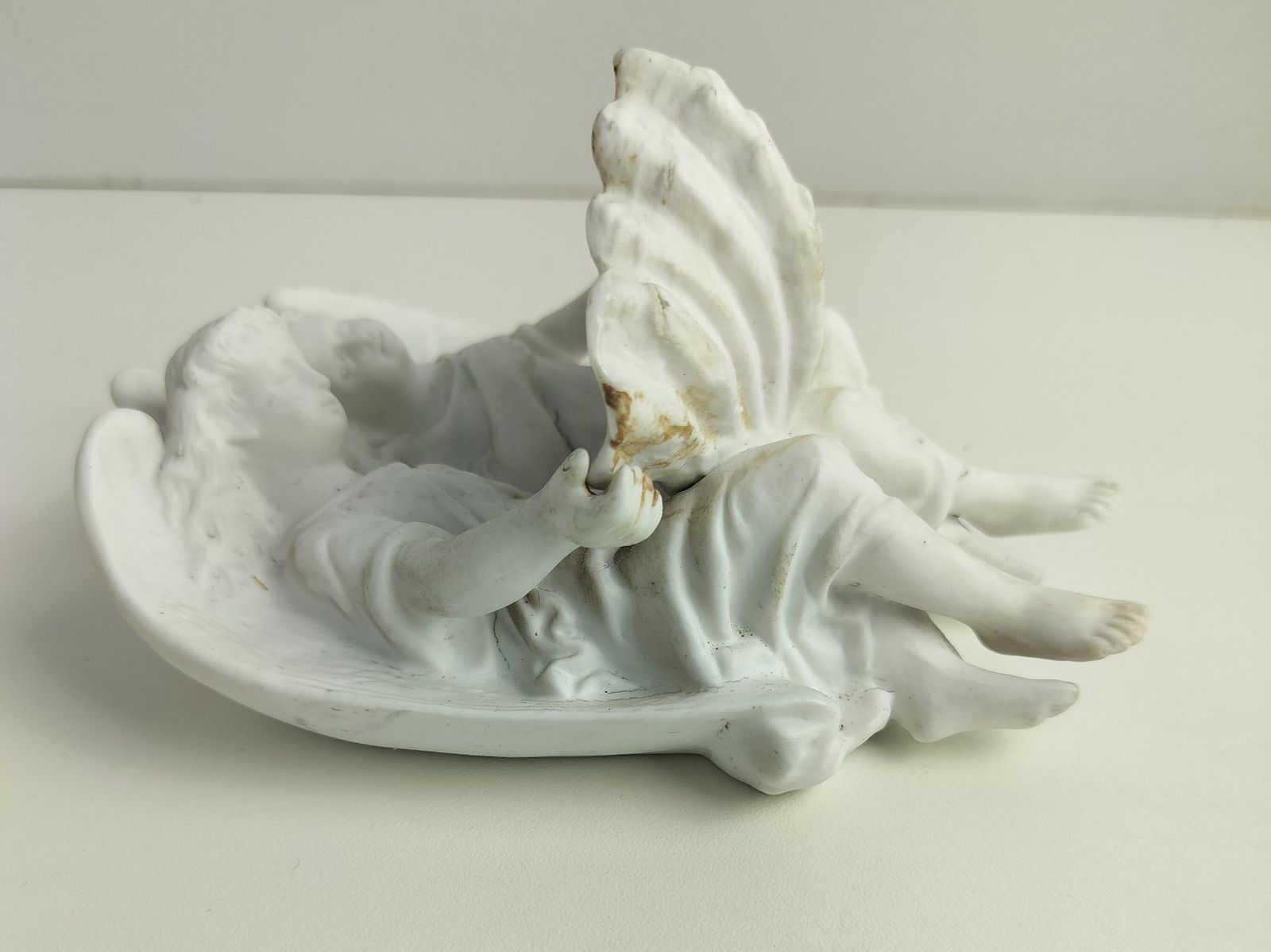 Gorgeous Holy Water Font Wall Hanging Vessel Porcelain Bisque  Angels Marked L & photo vintage
