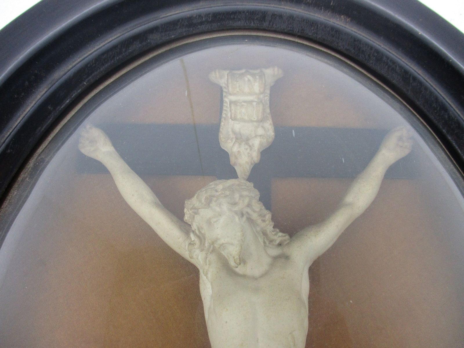 Antique Oval Ornate Wooden Frame  Convex Glass Dome Jesus Christ Golgotha Crucif photo for sale