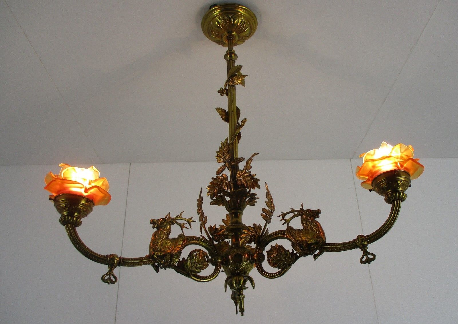 French Impressive Chandelier Bronze Doré 3 Lights Arm Ornate Deer Glass Shade photo furniture