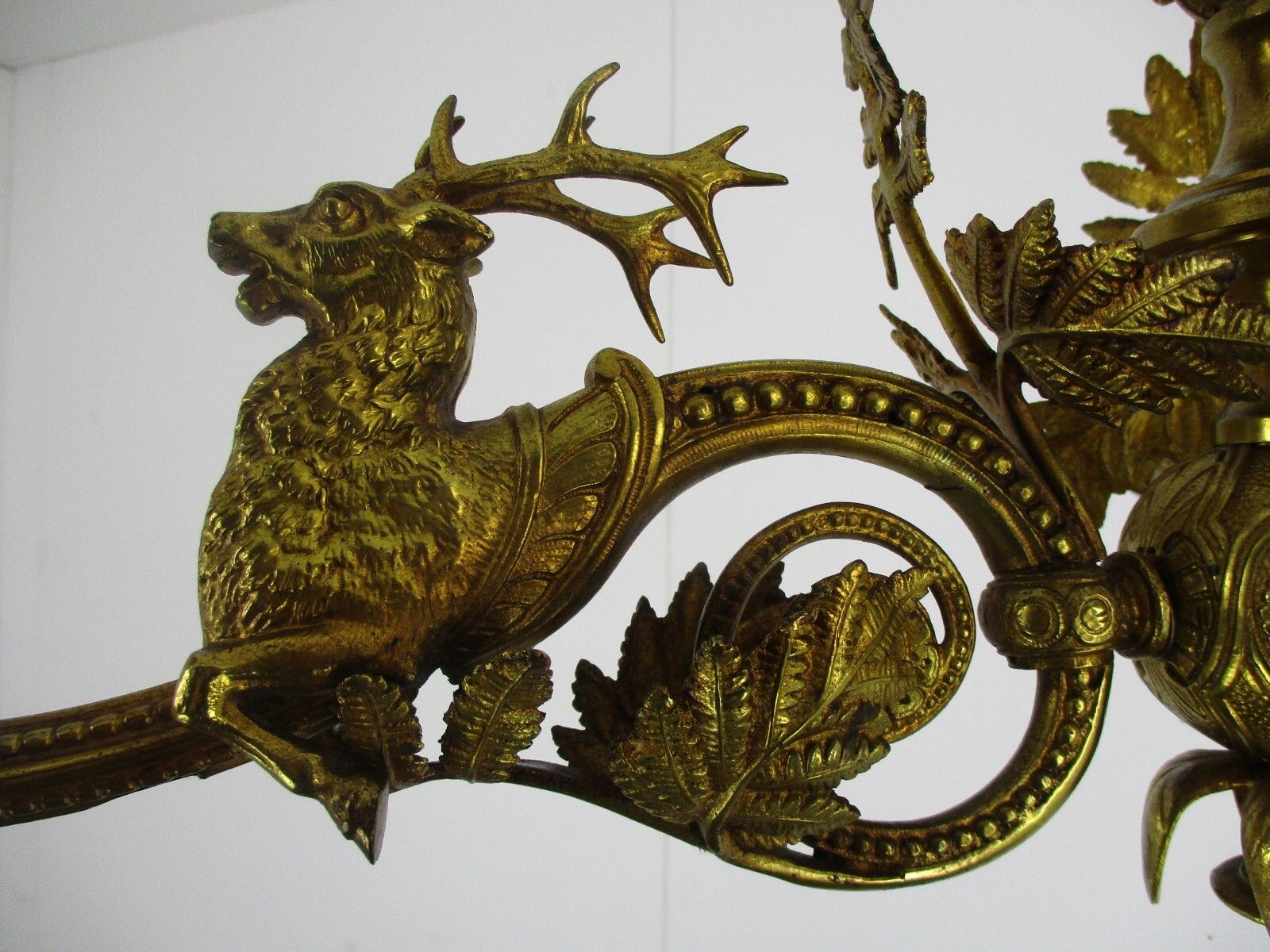 French Impressive Chandelier Bronze Doré 3 Lights Arm Ornate Deer Glass Shade photo buy