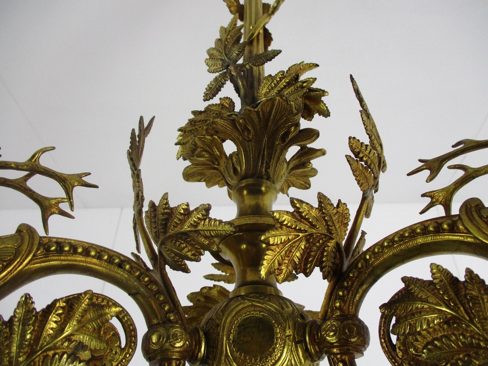 French Impressive Chandelier Bronze Doré 3 Lights Arm Ornate Deer Glass Shade photo vintage