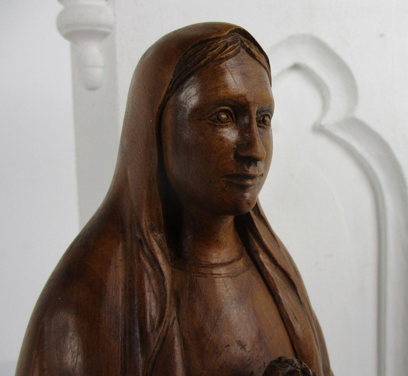 Hand Carved Wooden Statue Virgin Mary Our Lady Madonna Walnut Ornate photo for sale