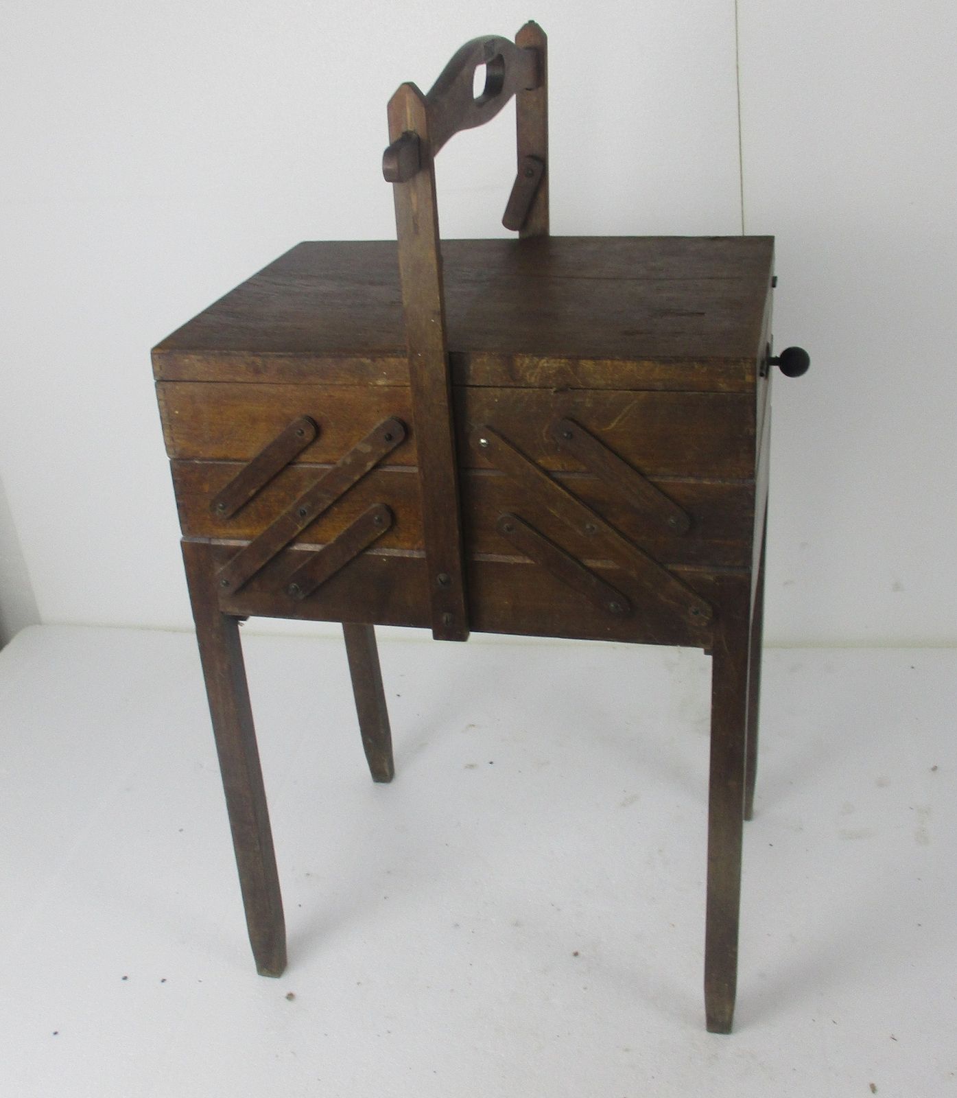 Large Art Deco Torck Wooden Sewing Box Basket Stand Signed Torck Accordion photo furniture