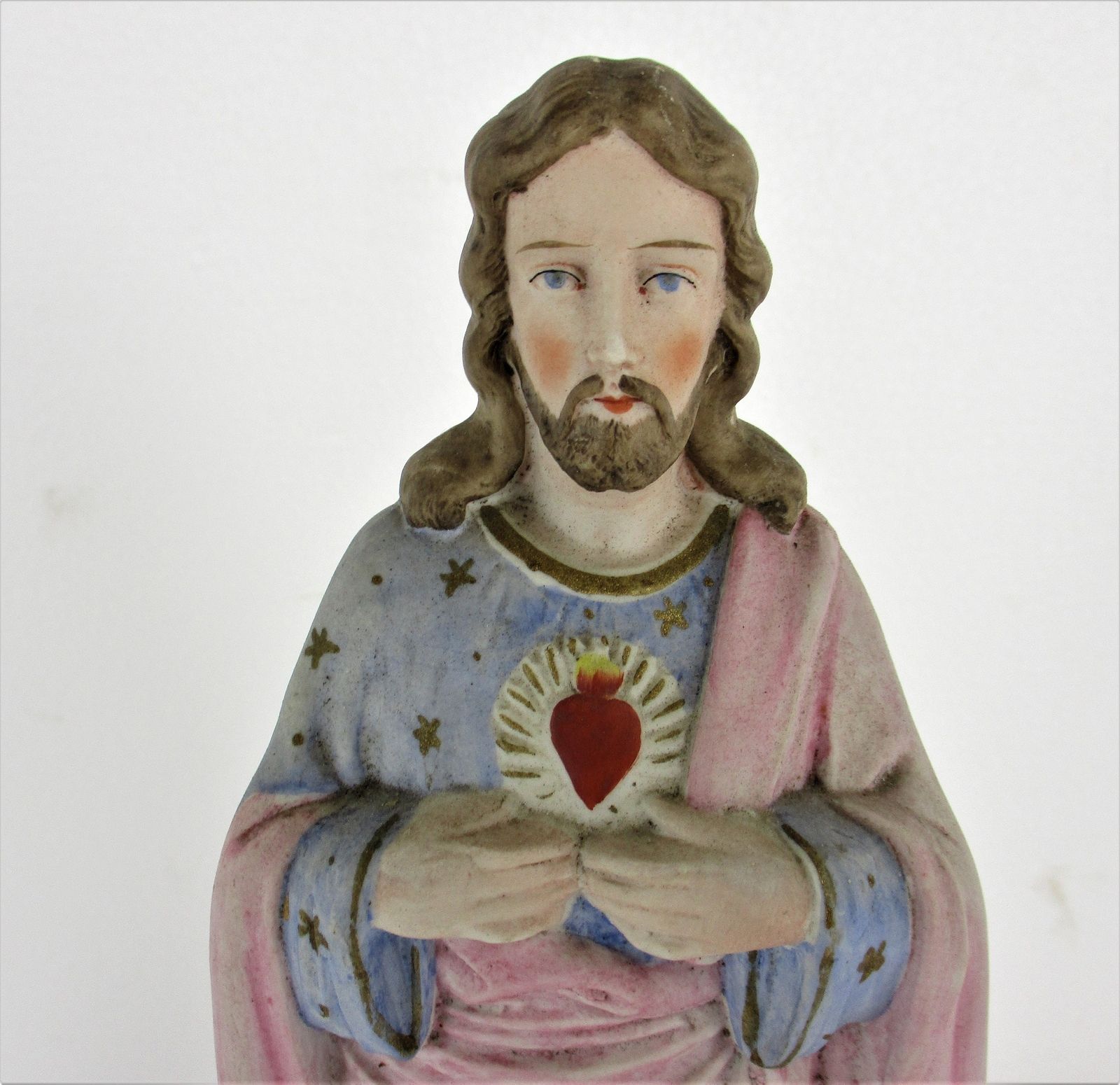 Vintage Statue Bisque Porcelain Jesus Christ Saviour Holy Sacred Heart Polychrom photo furniture