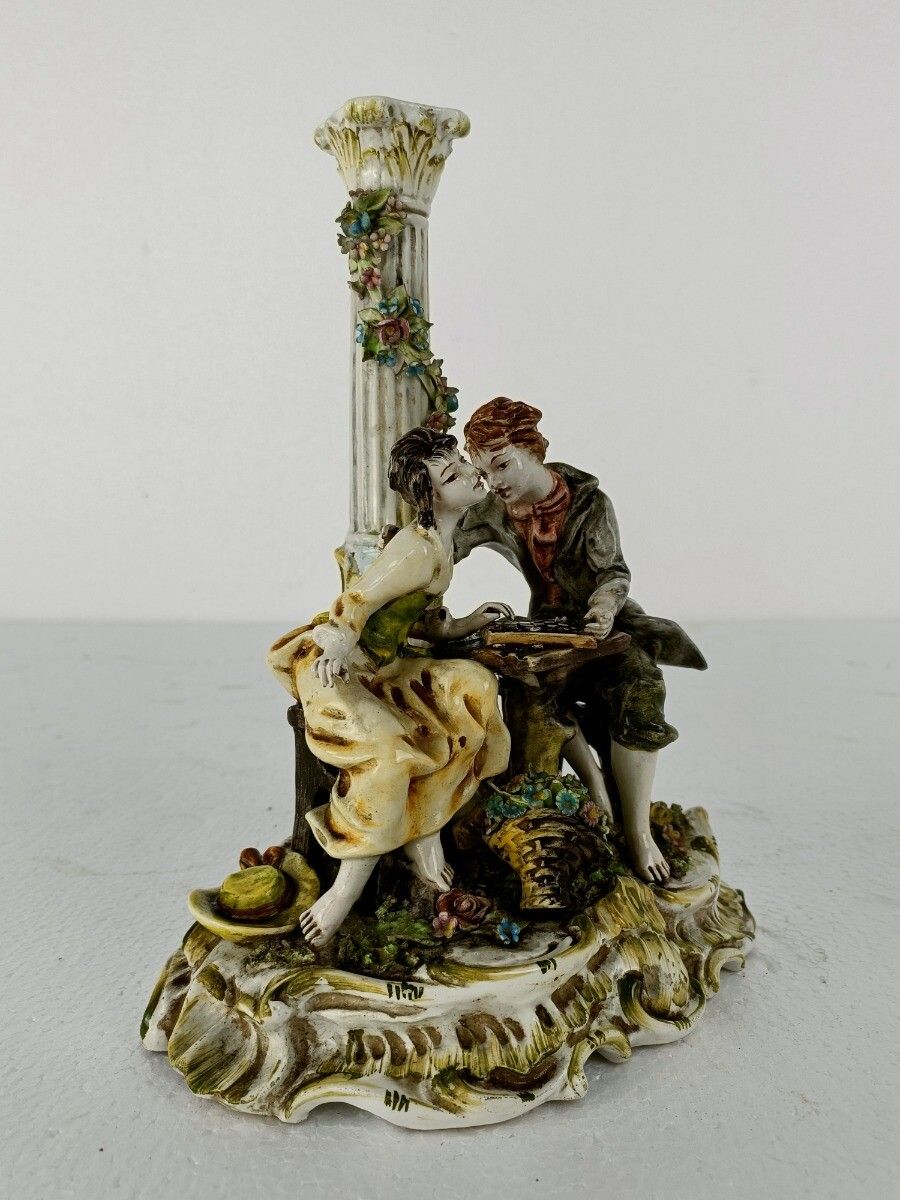 Figurine Statue  Capodimonte  Courting Couple Playing Chess  Marked Exquisite VI photo for sale