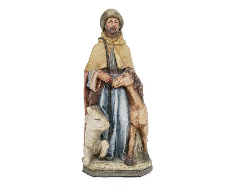 Saint Or Shepherd With Cow And Horse Statue Polychrome Stoneware