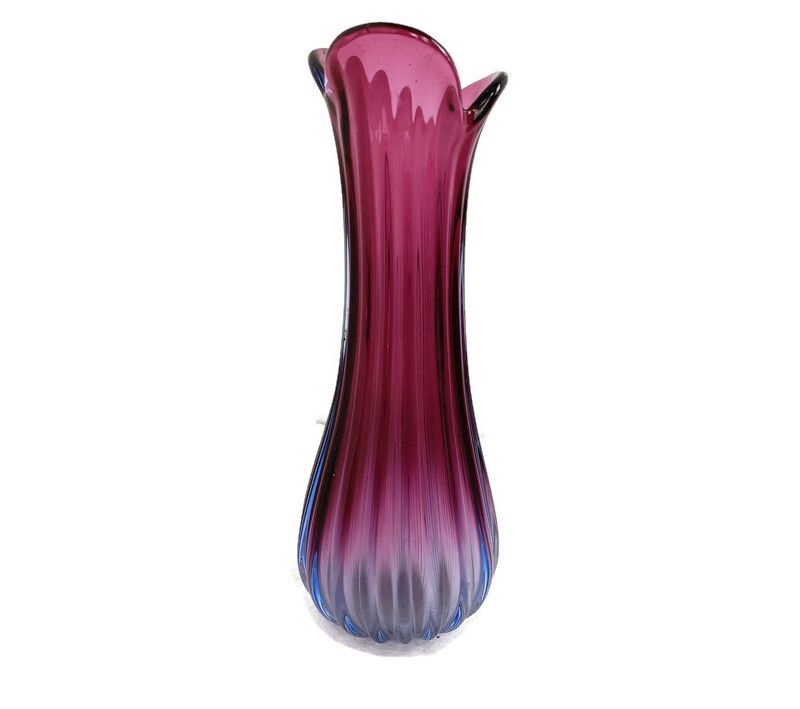 Italian Vintage Cranberry Blue Two Toned Art Glass Vase Murano Style Beautiful