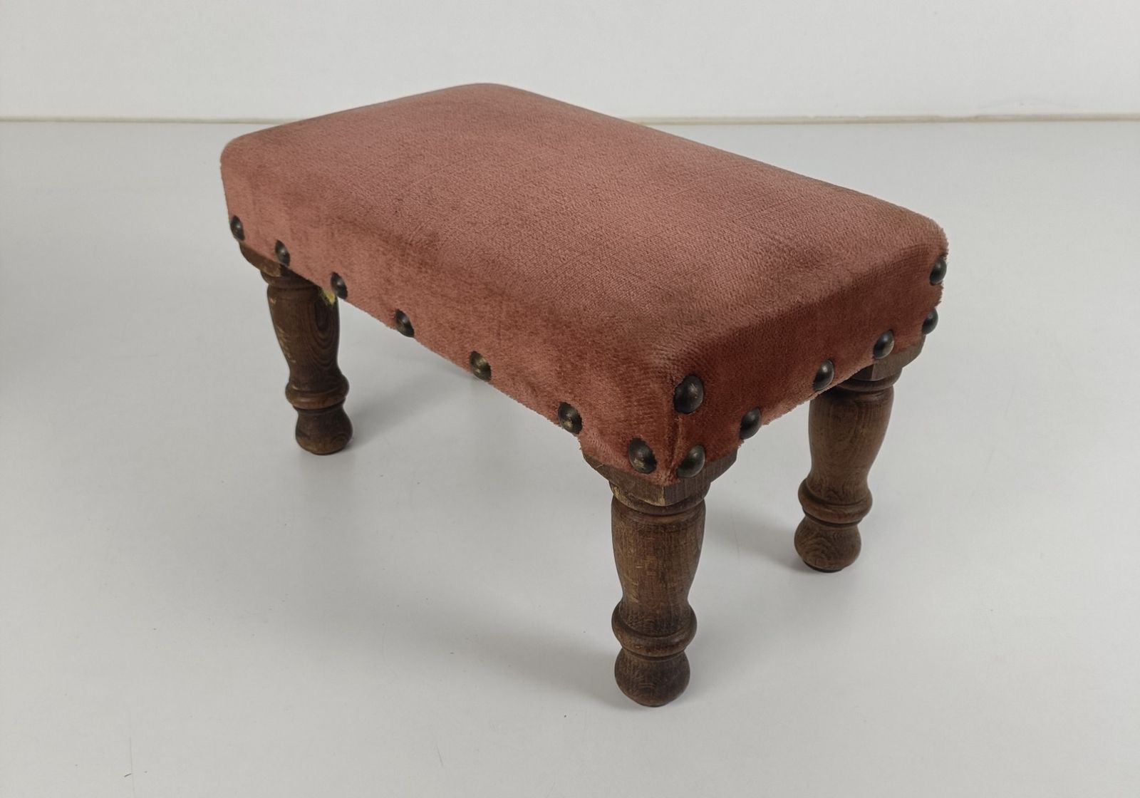 Vintage Low Footstool Ottoman French Pink Fabric Louis XV Style Hobnails Foot Re photo for sale
