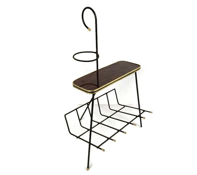 Funky Vintage Modernist Newspaper Basket Side Table Plant Stand Wrought Iron Ven