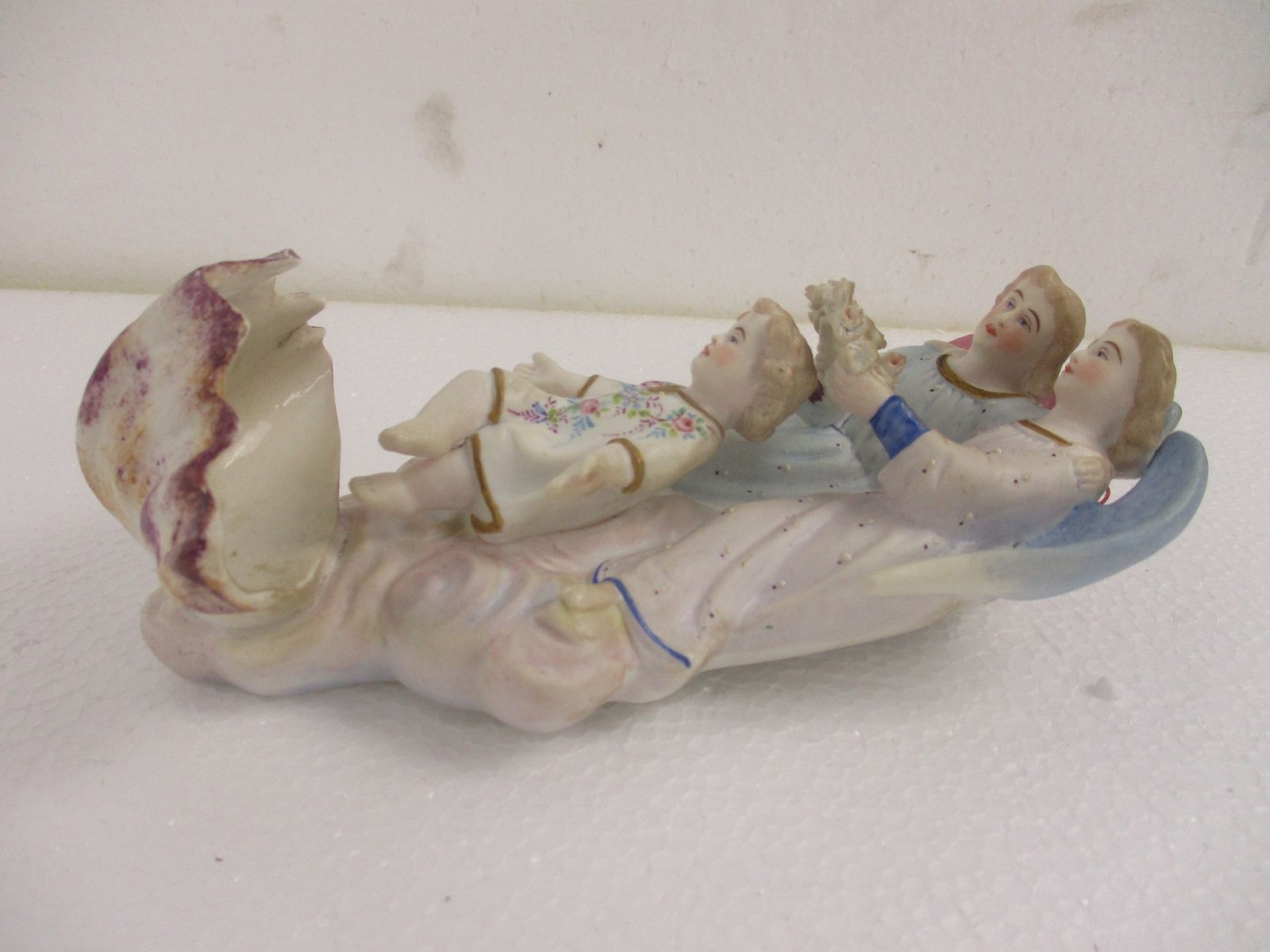 Stunning French Holy Water Font Vessel Infant Angels Flower Crown Bisque Htf photo buy