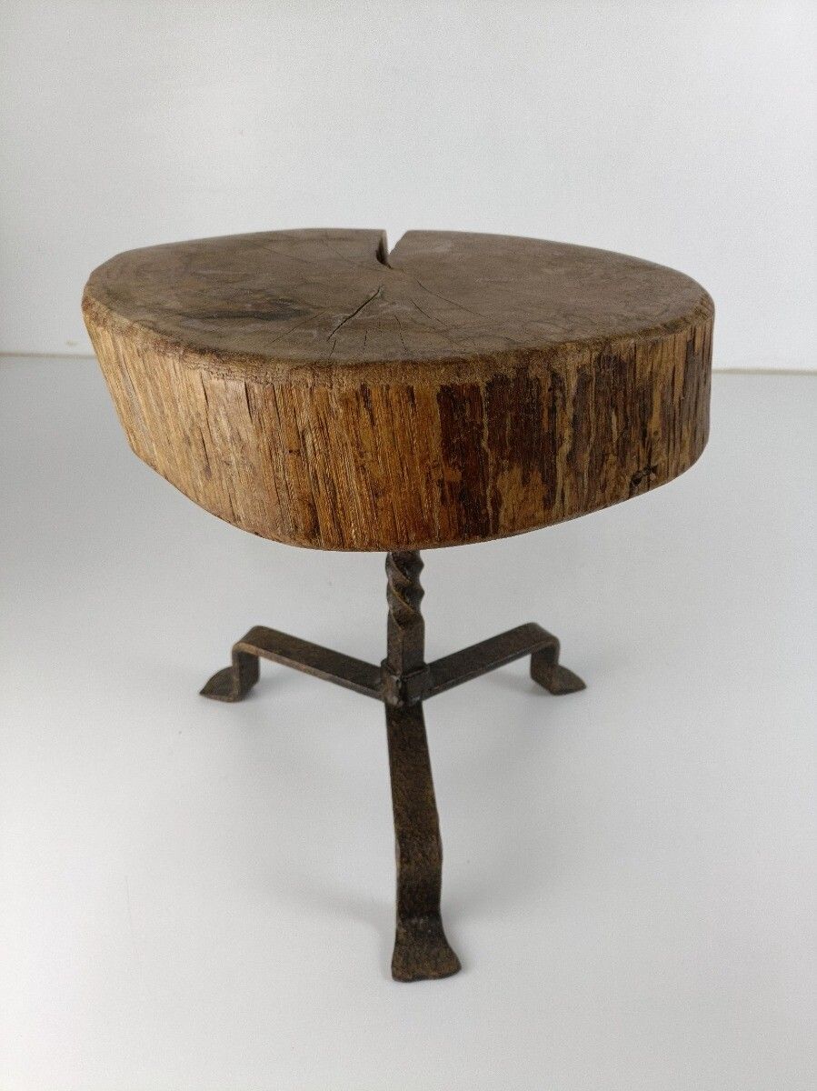 Milking Stool Thick Wood Wrought Iron Steampunk Funky Pedestal Plant Stand Franc photo Furniture
