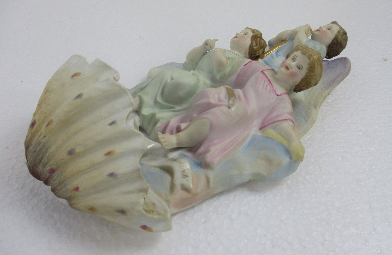 French Holy Water Font Vessel Infant Angels Jesus Christ Crucifix  Bisque Htf Lo photo for sale