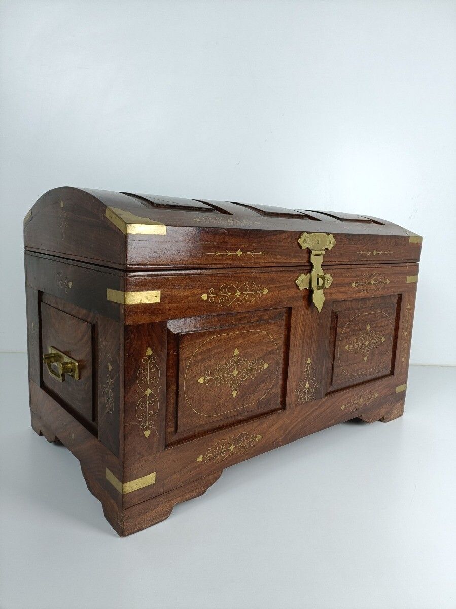 Antique Wedding Chest Trunk  Ornate Hand Carved Wood Inlay  Brass Handles Tray W photo Furniture