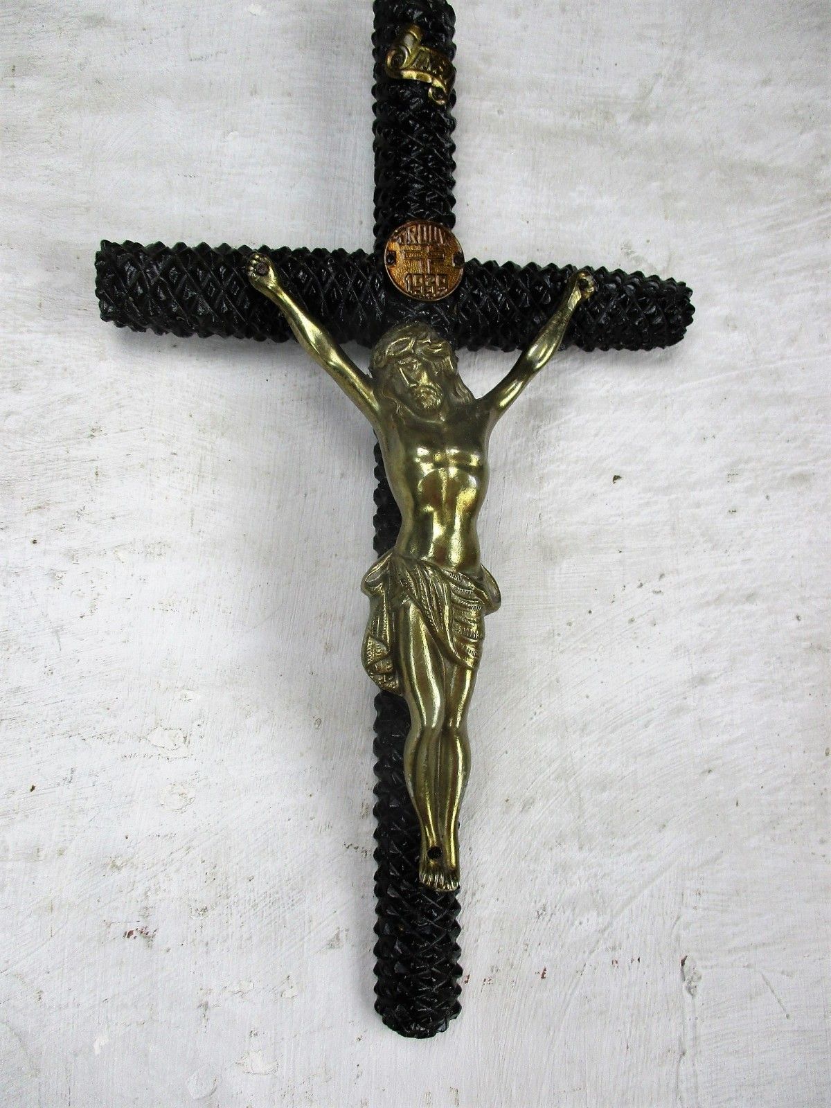 Tramp Trench Tramp Folk Art Hanging Hand Carved Wooden Crucifix Spelter 1939 photo 108.0