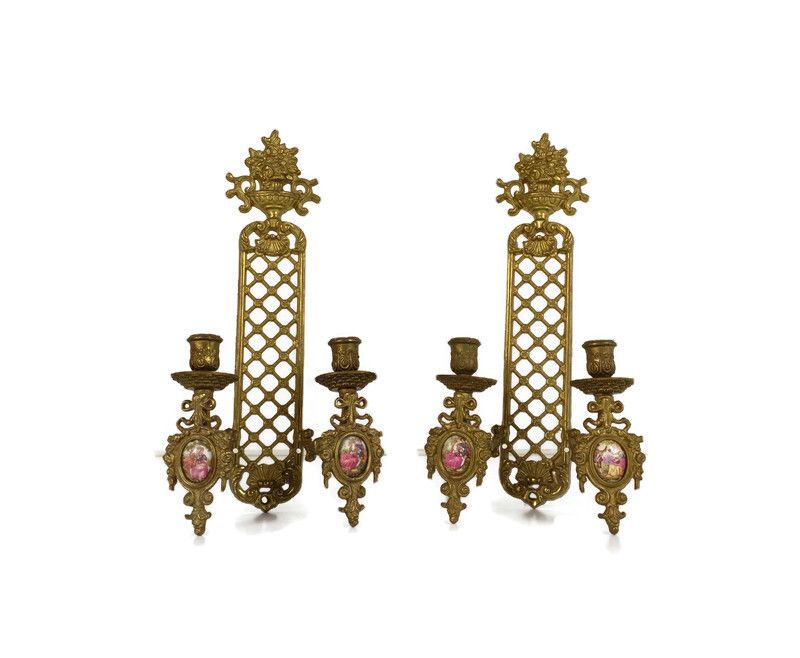 Pair French Brass Wall Sconces Candelabras Victorian Era Limoges Sevres Ornate