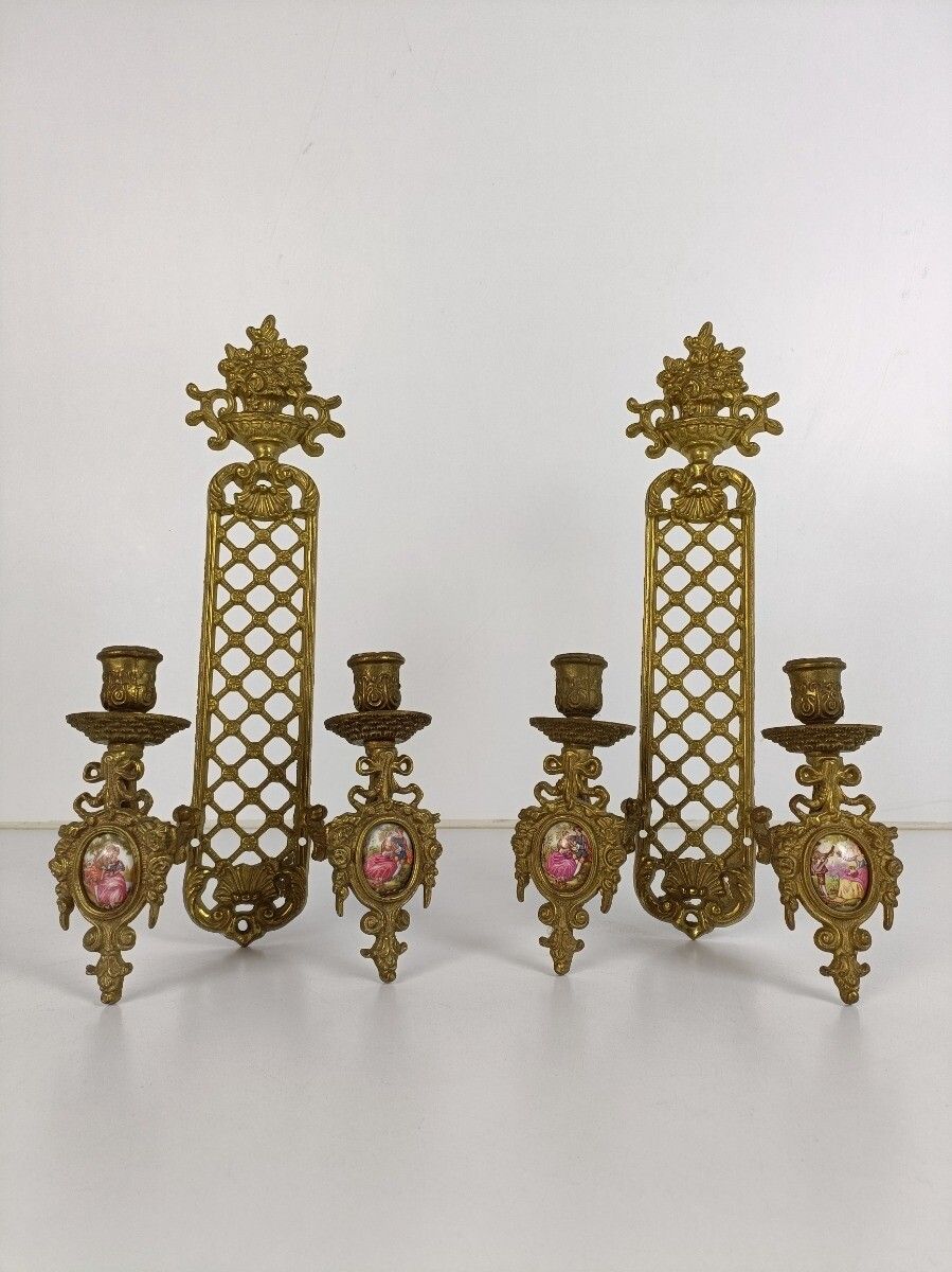 Pair French Brass Wall Sconces Candelabras Victorian Era Limoges Sevres Ornate photo furniture