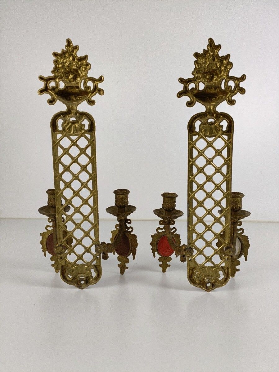 Pair French Brass Wall Sconces Candelabras Victorian Era Limoges Sevres Ornate photo buy