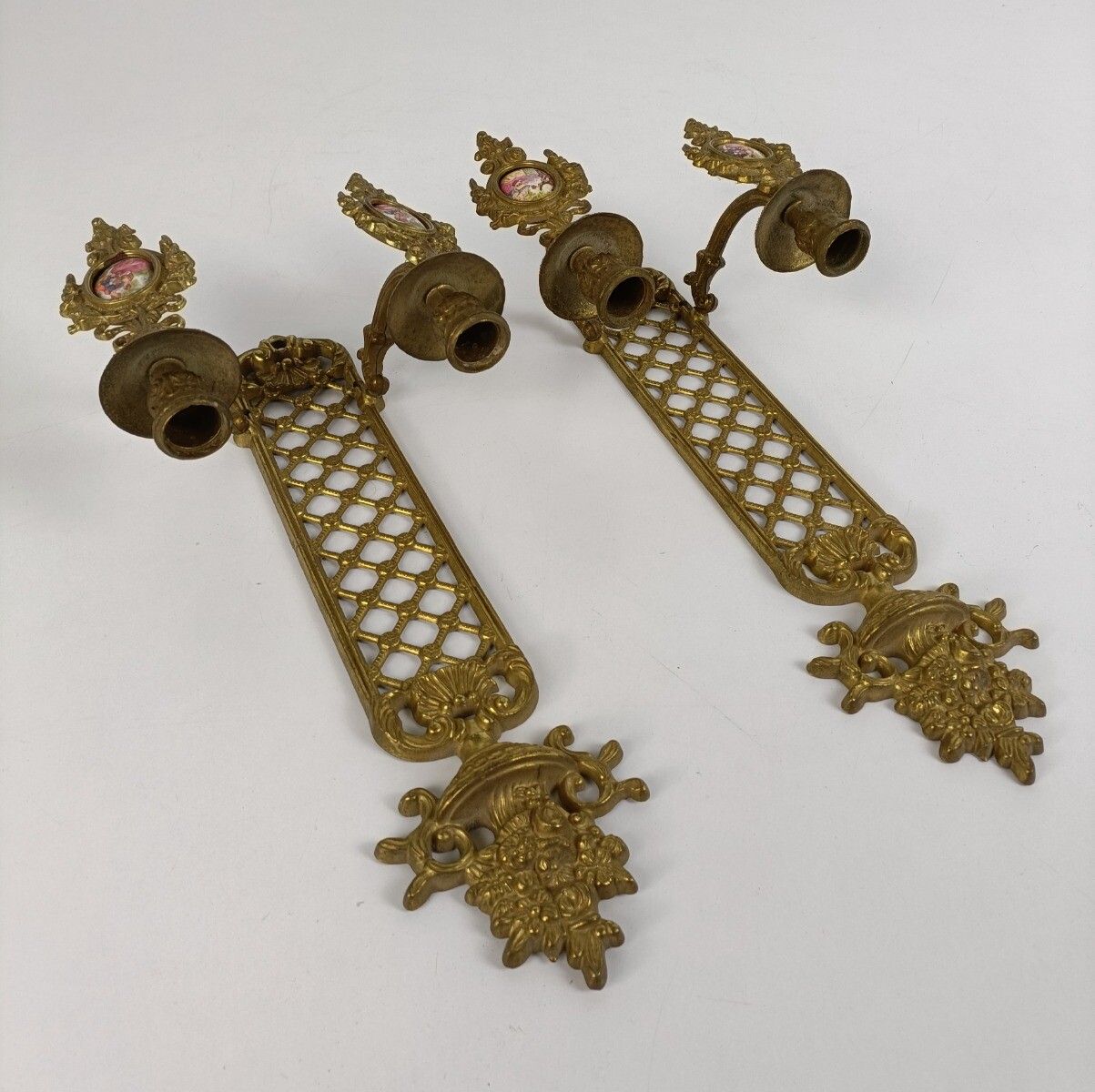 photo furniture Pair French Brass Wall Sconces Candelabras Victorian Era Limoges Sevres Ornate