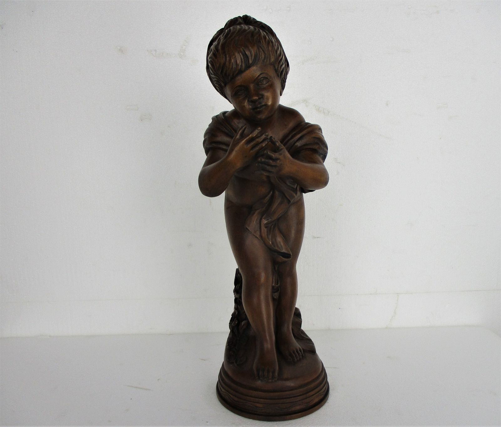 L Hand Carved Wood Statue Little Boy Cherub Putti Signed De Hondt Willy Piece Of photo furniture