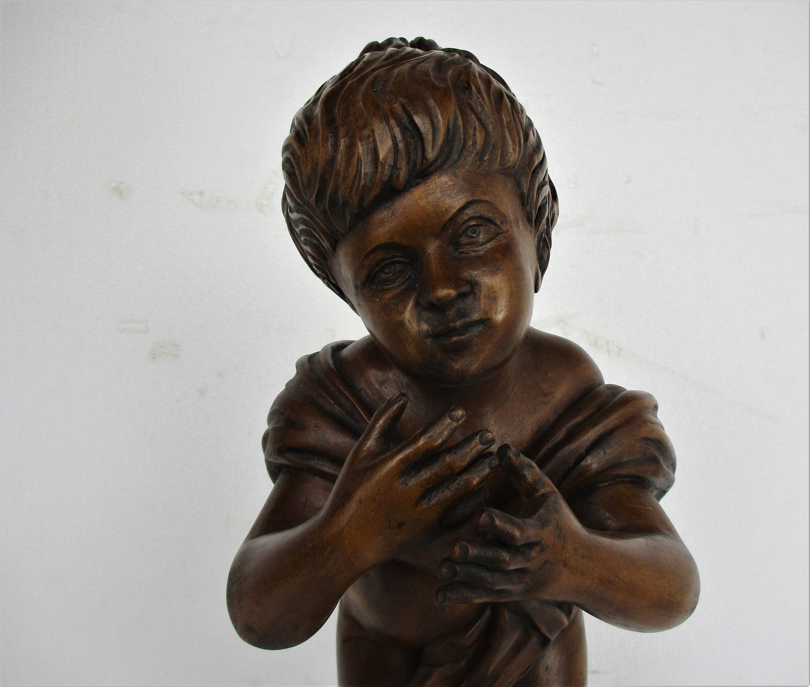 L Hand Carved Wood Statue Little Boy Cherub Putti Signed De Hondt Willy Piece Of photo for sale