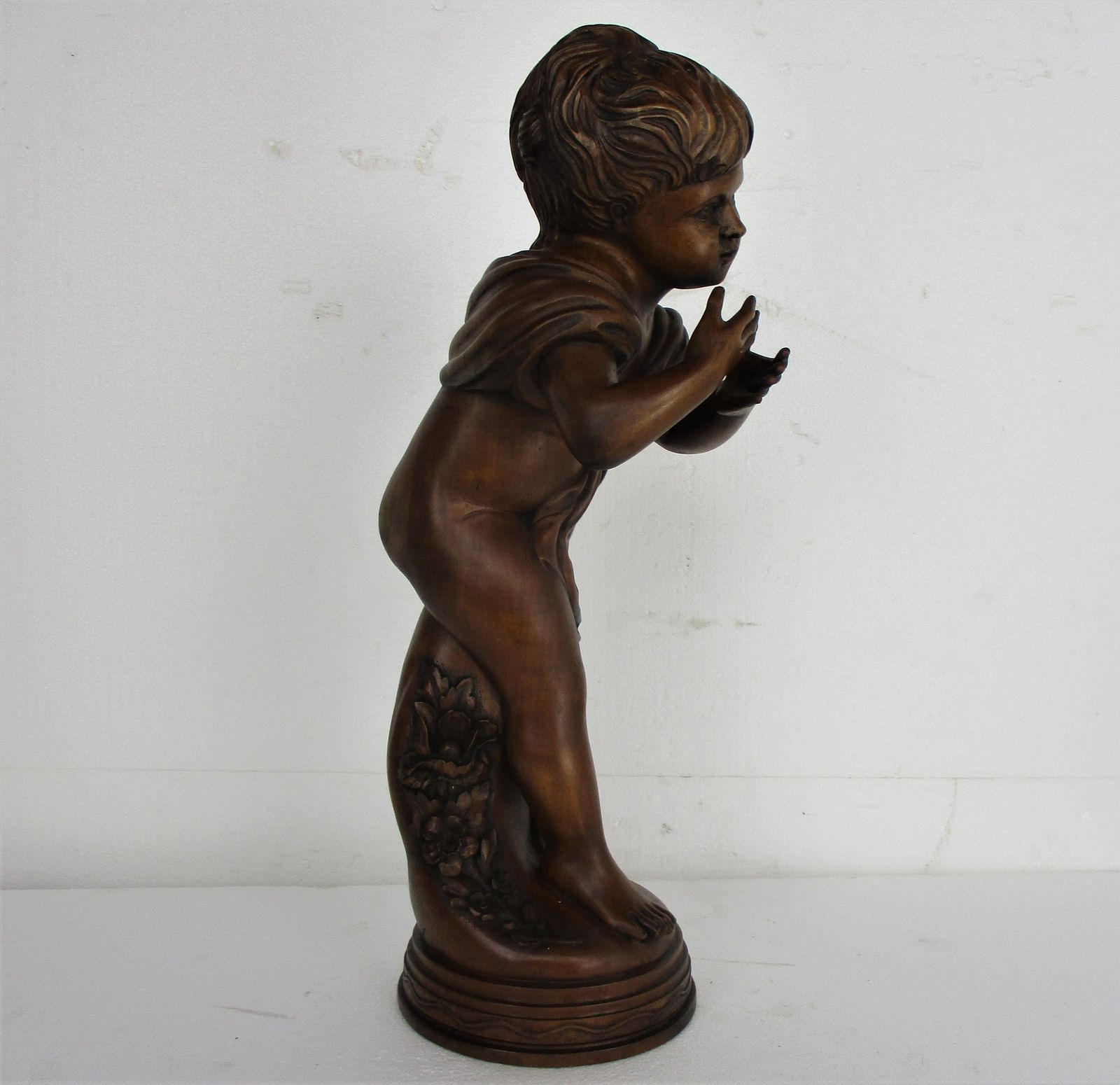 L Hand Carved Wood Statue Little Boy Cherub Putti Signed De Hondt Willy Piece Of photo 485.0