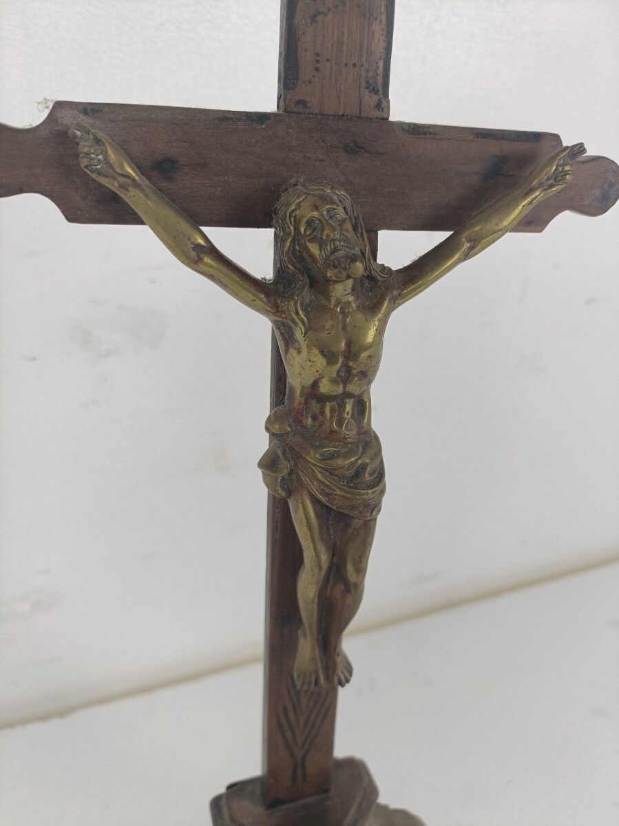 Standing Crucifix Cross Hand Carved Wood Brass Corpus French Magnificent  Antiq photo for sale