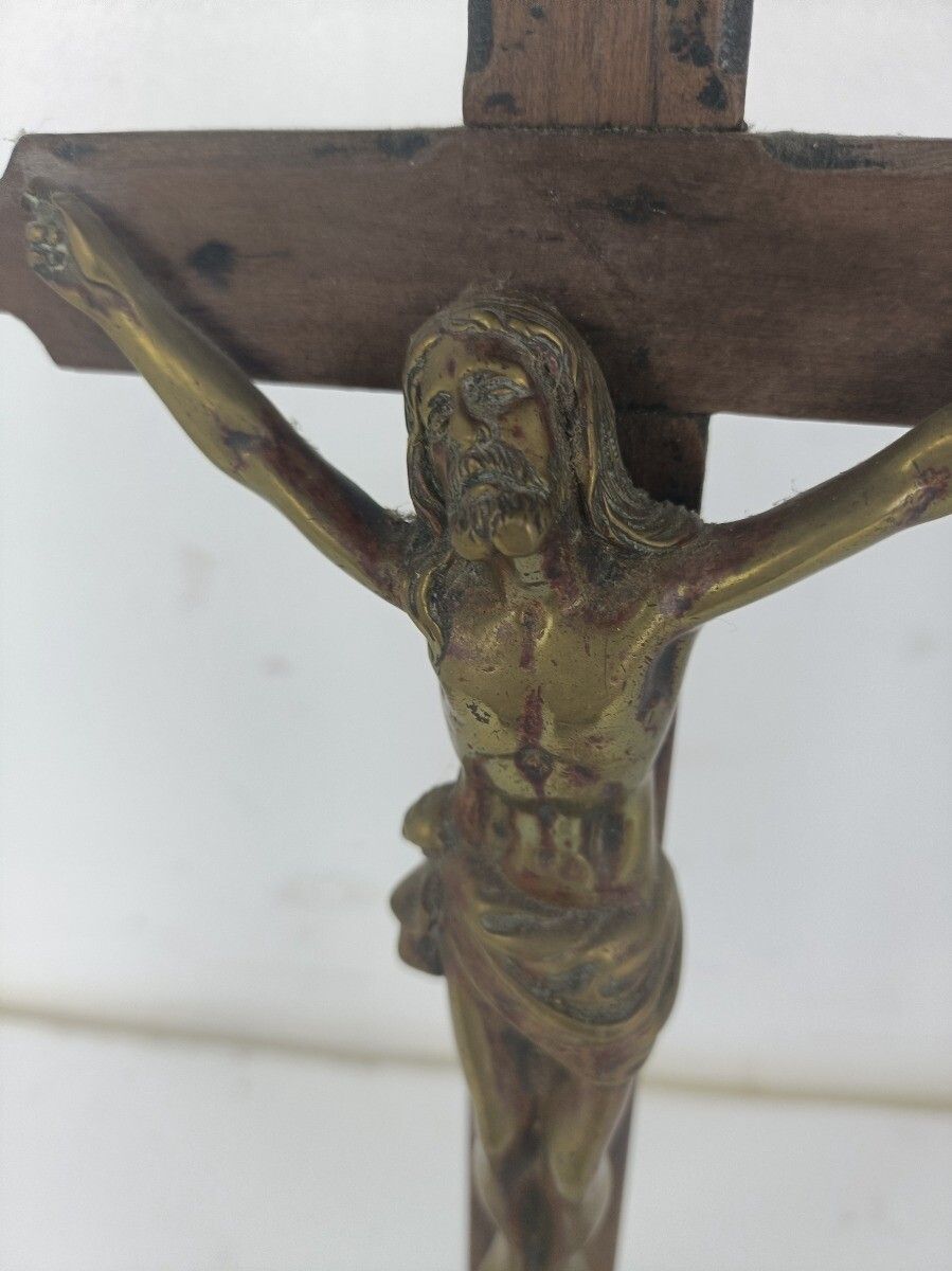 Standing Crucifix Cross Hand Carved Wood Brass Corpus French Magnificent  Antiq photo Art