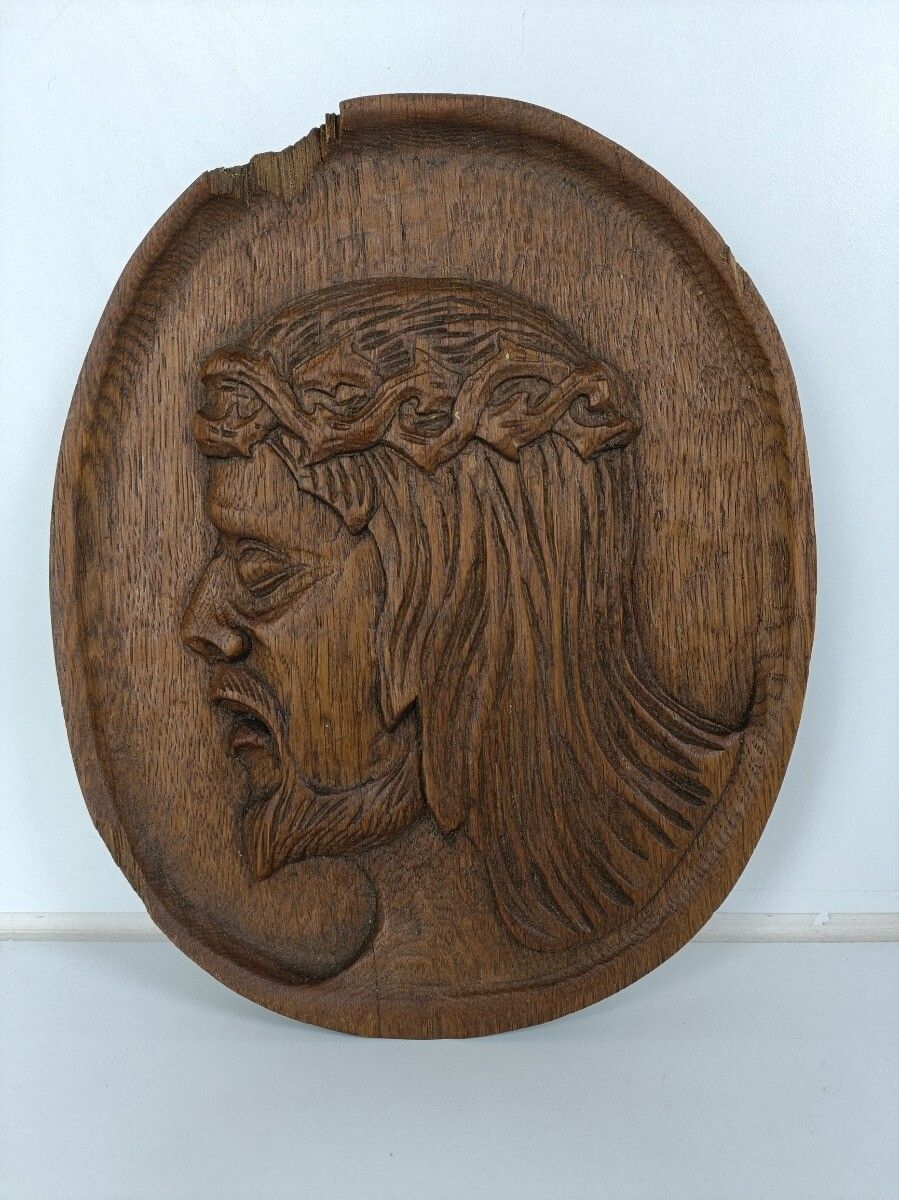 Oval Hand Carved Wood Panel Plaque Christ  Jesus Ornate Bas Relief Oak Antique photo furniture