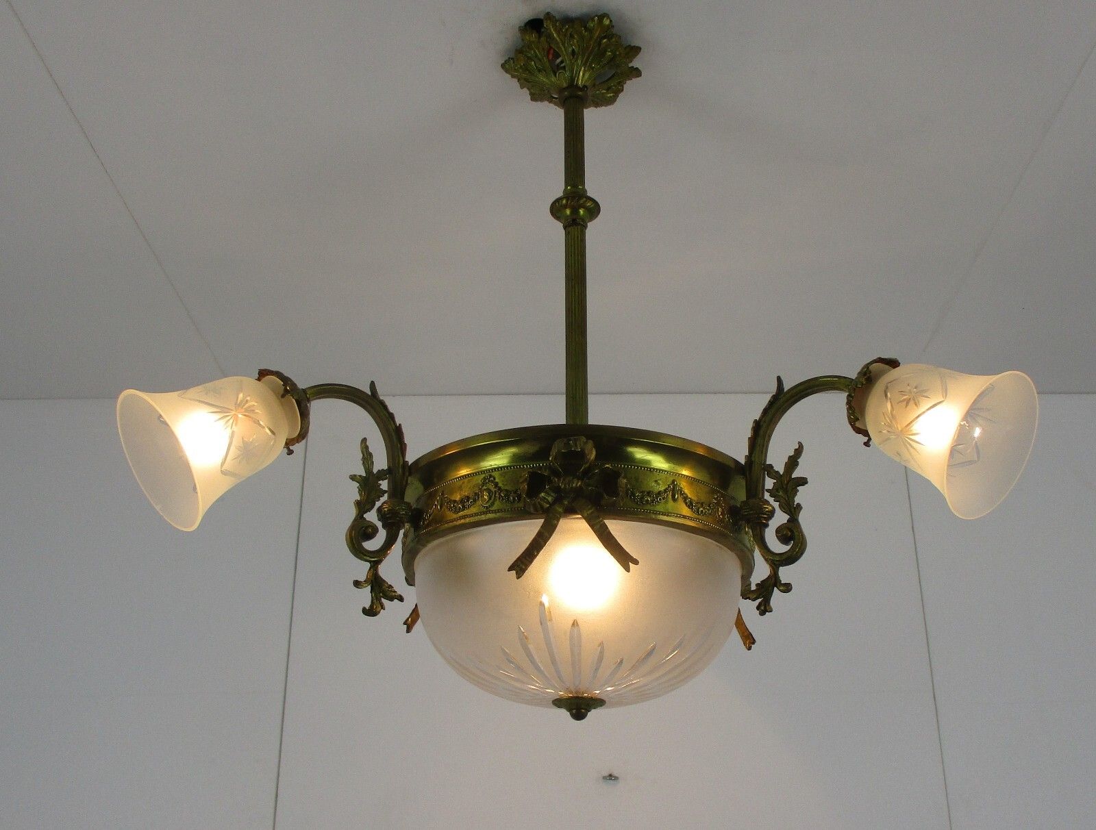 Art Nouveau Chandelier French Bronze Doré Etched Glass Ornate Gorgeous 4 Lights photo furniture
