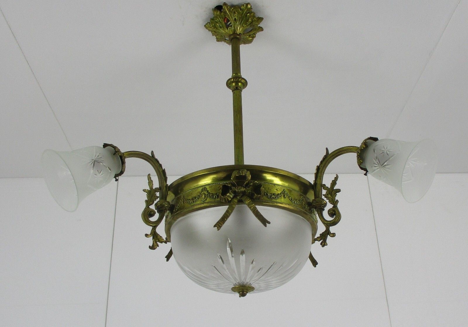 Art Nouveau Chandelier French Bronze Doré Etched Glass Ornate Gorgeous 4 Lights photo Lighting