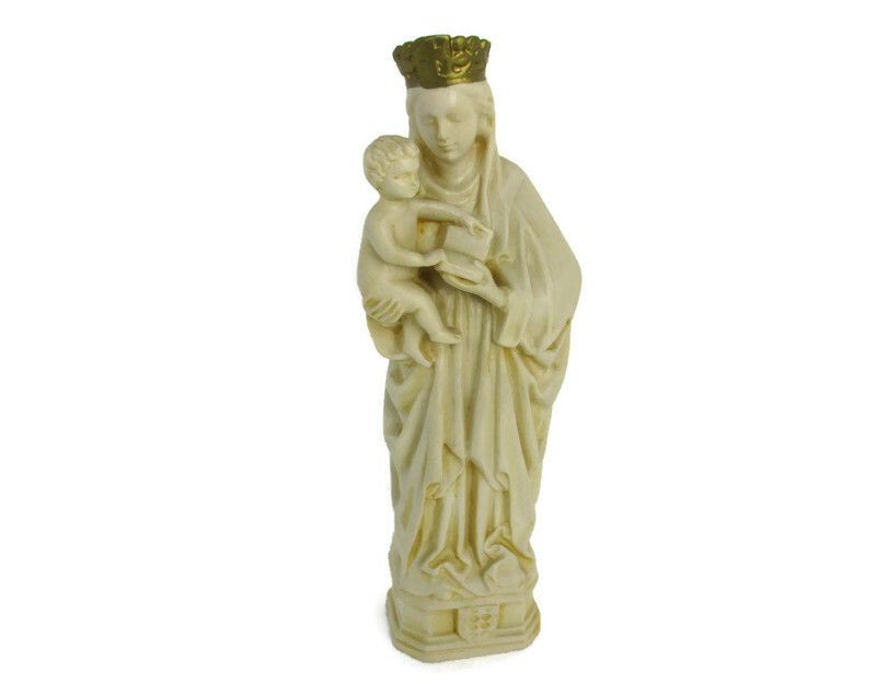 Virgin Mary Madonna And Infant Child Jesus Resin Bible Golden Crown Statue