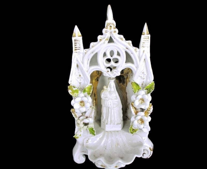 French Standing Holy Water Font Vessel Bisque Porcelain Virgin & Infant Madonna