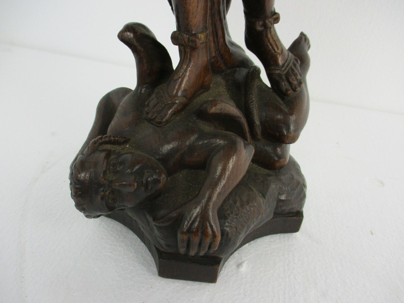 Statue  Archangel Guardian Michael Slaying The Dragon Antique Hand Carved Wood photo for sale