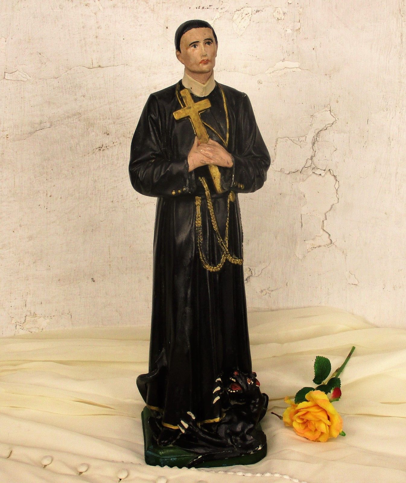Antique Statue Saint Santo Gerard Santo Majella Dragon Plaster Priest Gothic Htf