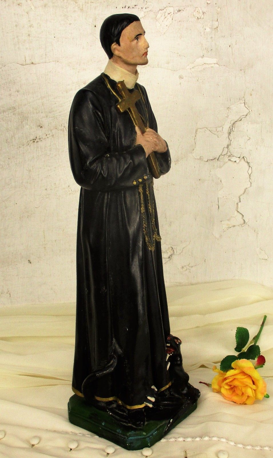 Antique Statue Saint Santo Gerard Santo Majella Dragon Plaster Priest Gothic Htf photo Art