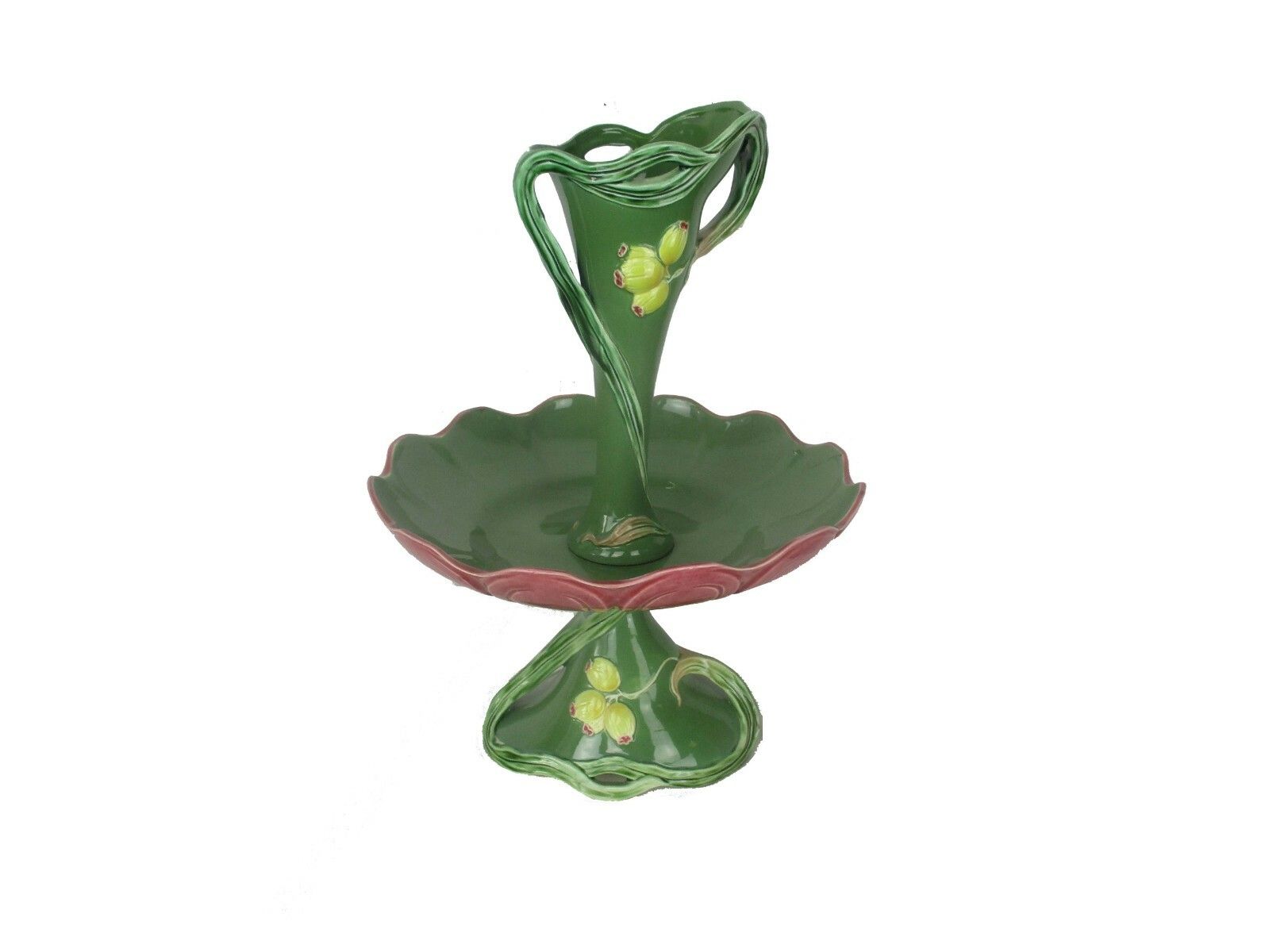 Majolica Large Epergne Trumpet Double Vase  Center Table Piece Mistletoe Rare photo furniture