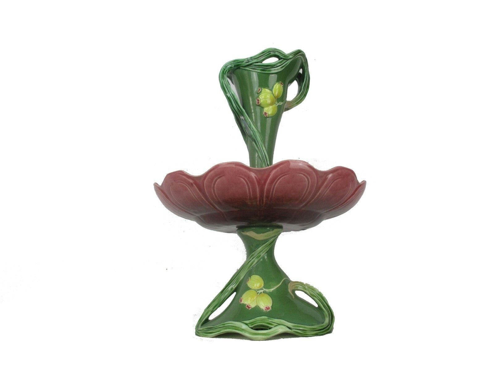 Majolica Large Epergne Trumpet Double Vase  Center Table Piece Mistletoe Rare photo for sale