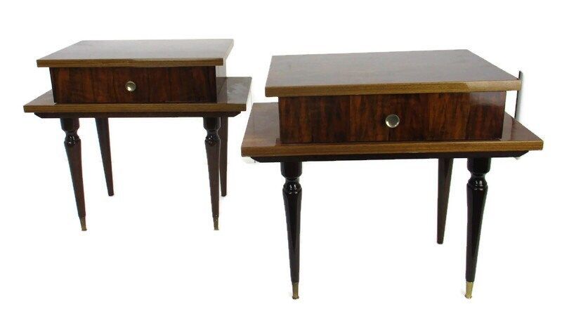 Pair Couple Vintage Night Stands End Tables Mid Century Modern Lackered Wood Pop