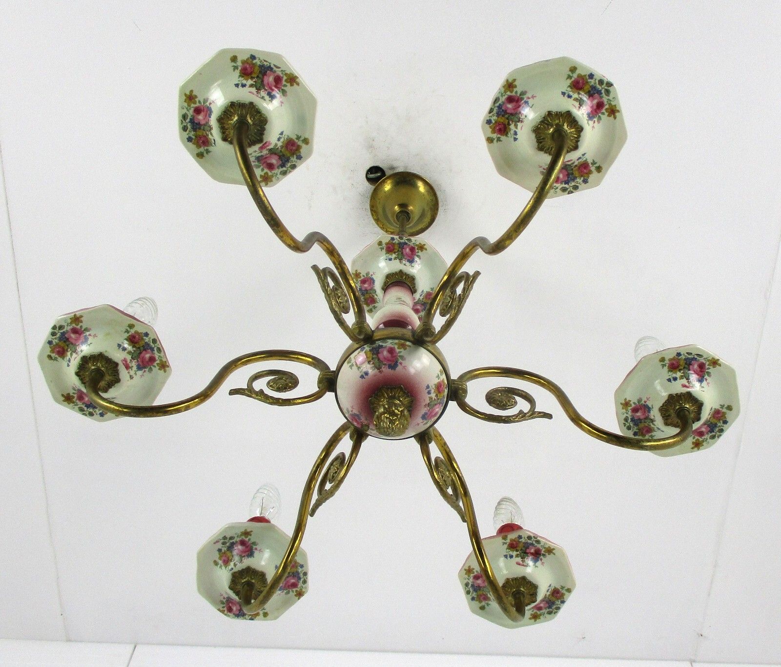 Chandelier 6 Arms Lights Ceramic Porcelain Ceramic Brass Italian Pink  Flowers photo vintage