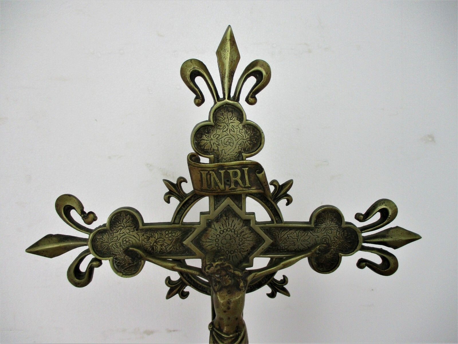 Xl French  Standing Altar Church Chapel Crucifix Cross Ornate Brass Fleur De Lis photo furniture