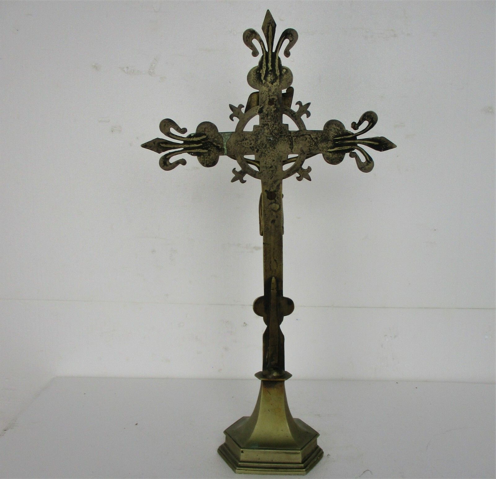 Xl French  Standing Altar Church Chapel Crucifix Cross Ornate Brass Fleur De Lis photo vintage