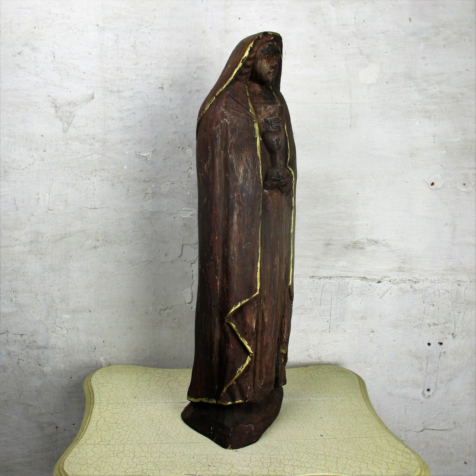 Large Hand Carved Wooden Statue  Nun Saint Holding Chalice Gold Touches Folk Art photo for sale