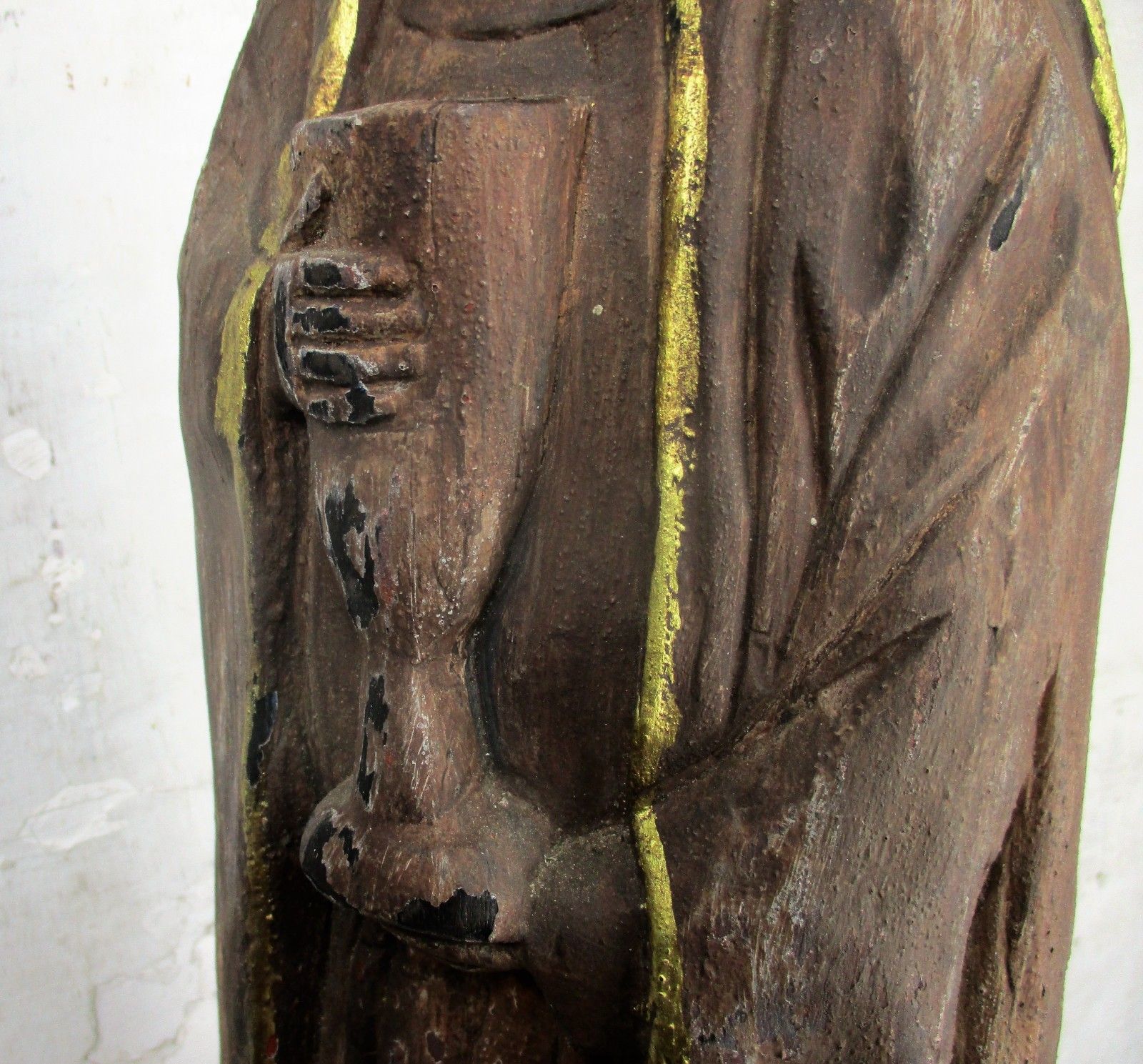 Large Hand Carved Wooden Statue  Nun Saint Holding Chalice Gold Touches Folk Art photo 297.0