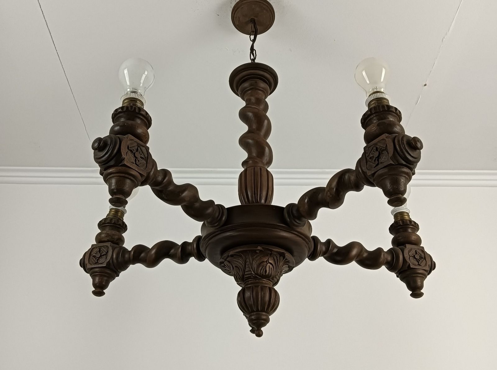 Barley Twist Wood Chandelier Hand Carved Wood Ornate 5 Lights Barn Country Farmh photo for sale