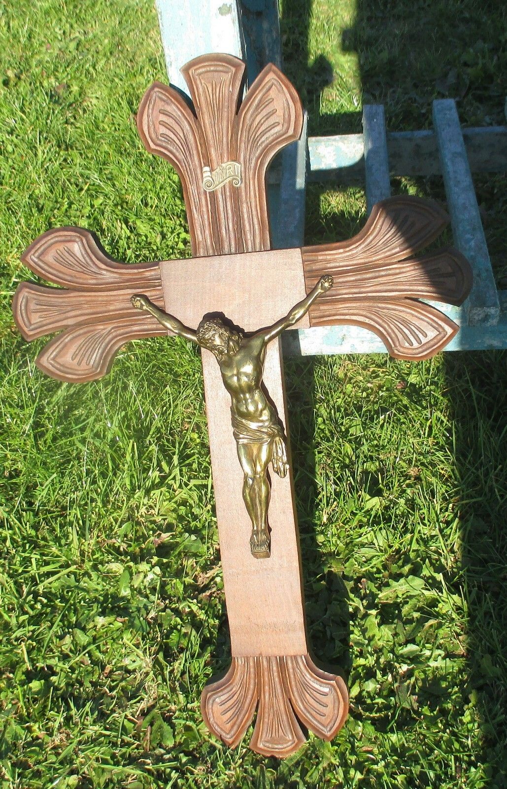 French Large Hand Carved Wood Hanging Crucifix  Jesus Christ Fleur De Lis 24 " photo for sale