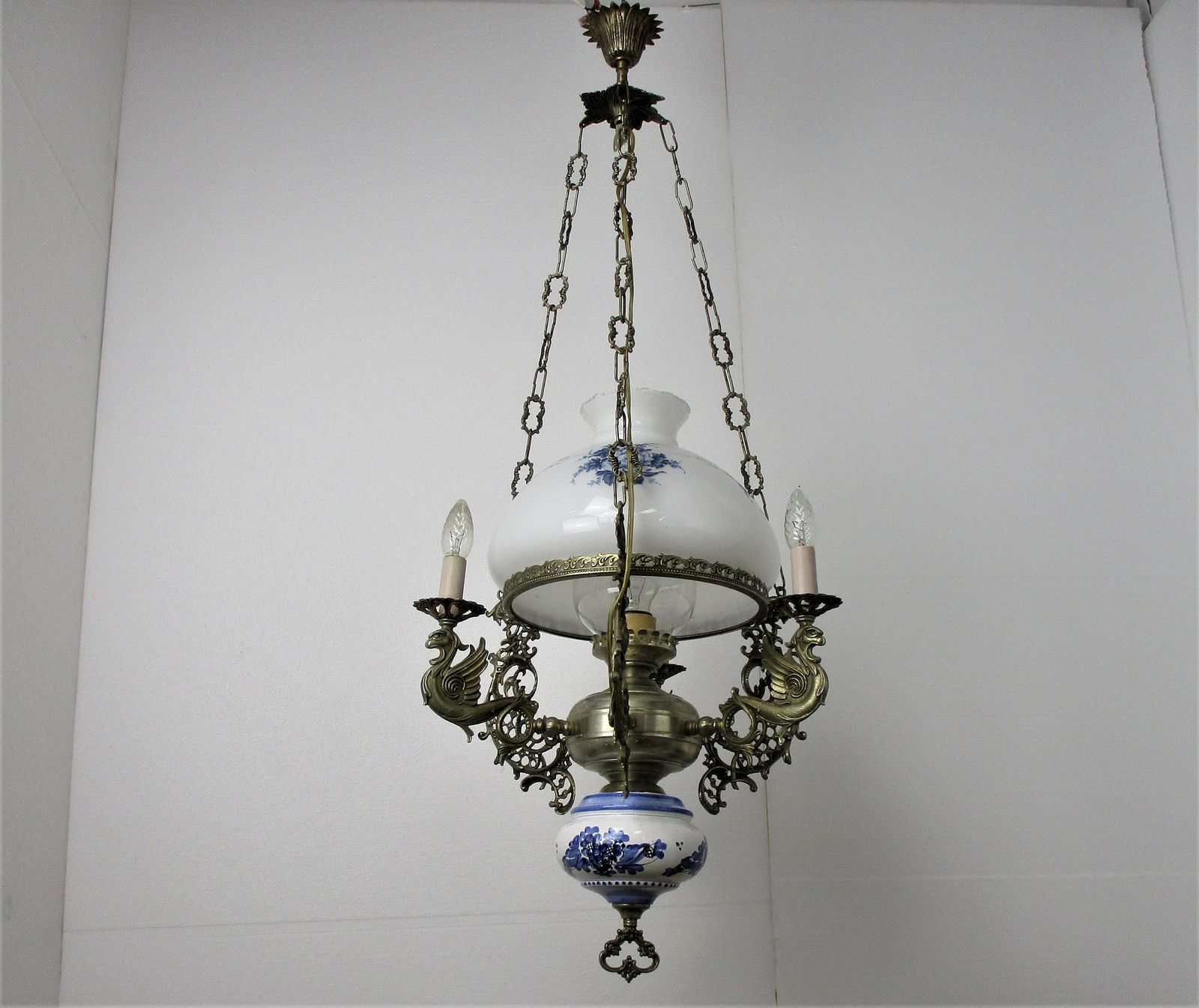Gothic Dragons Delft Blue White Porcelain Chandelier Lampe Belge Wow 4 photo for sale